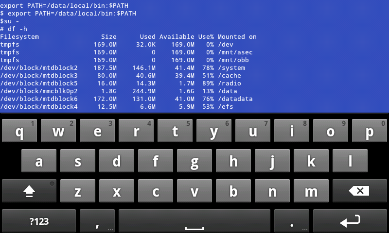 picture of root shell access running df