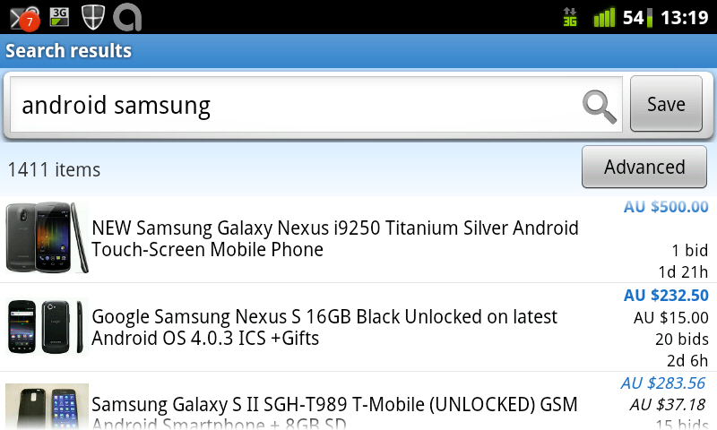 Official EBay app searching for Samsung Android phones