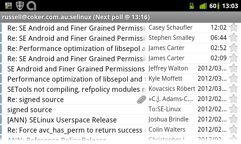 K9 viewing my SE Linux mailing list email