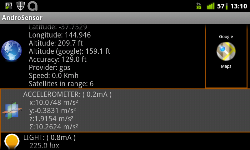 Androsensor showing GPS, accelleration, and light intensity