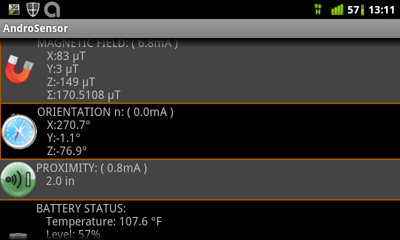 Androsensor showing magnetic field, orientation, and battery