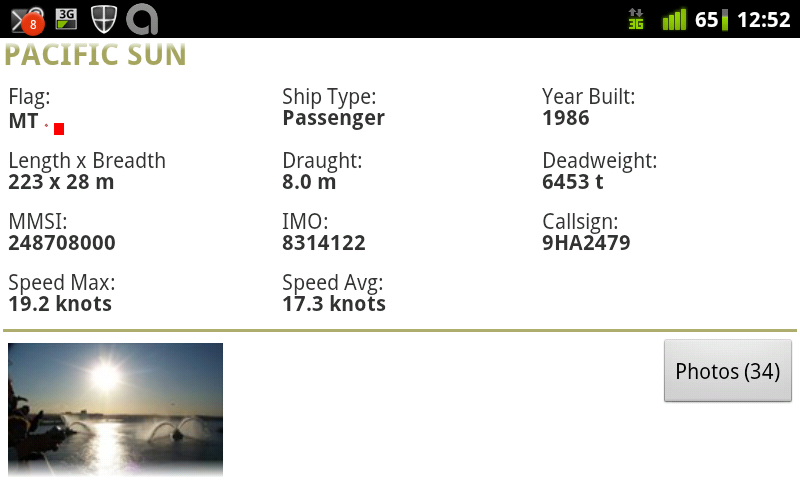 Marine Traffic showing details of the Pacific Sun