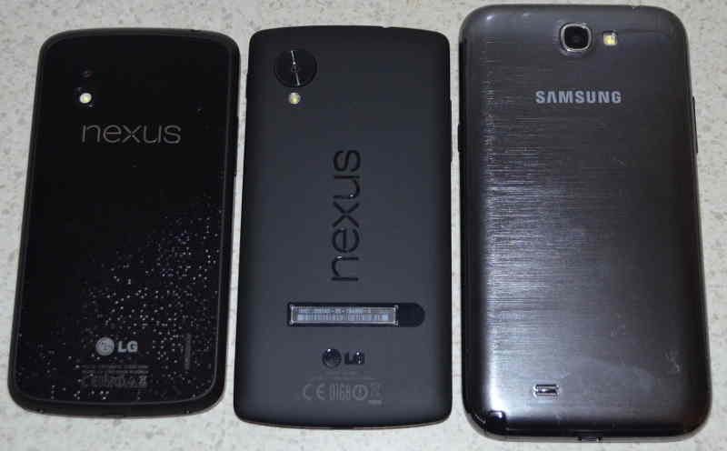 back of Nexus 4, Nexus 5, and Samsung Galaxy Note 2